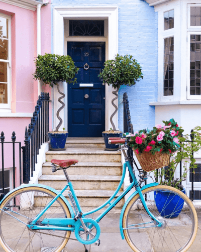 A blue bike in front of a home's front door. There are stairs leading up it with plants either side.